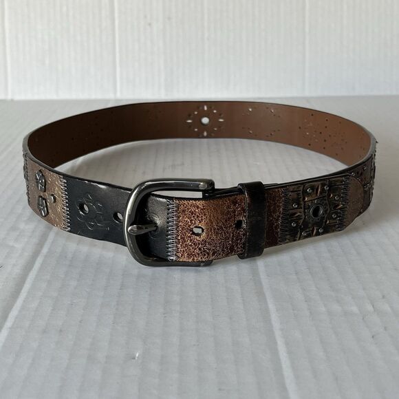 Y2K FOSSIL Leather Patchwork Belt  Small Floral Studded Tooled Western Vintage main image 8